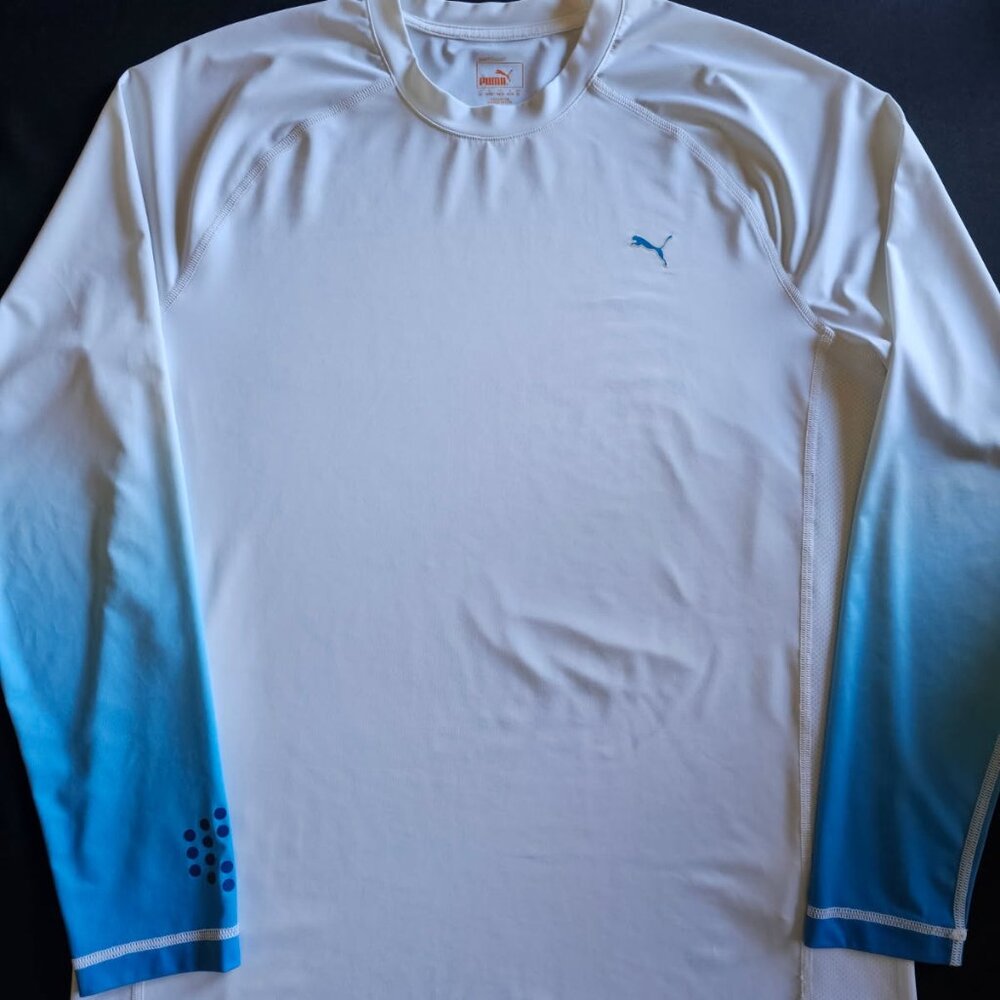 Puma Men's XL Dry Fit Long Sleeve White and Blue Rayon